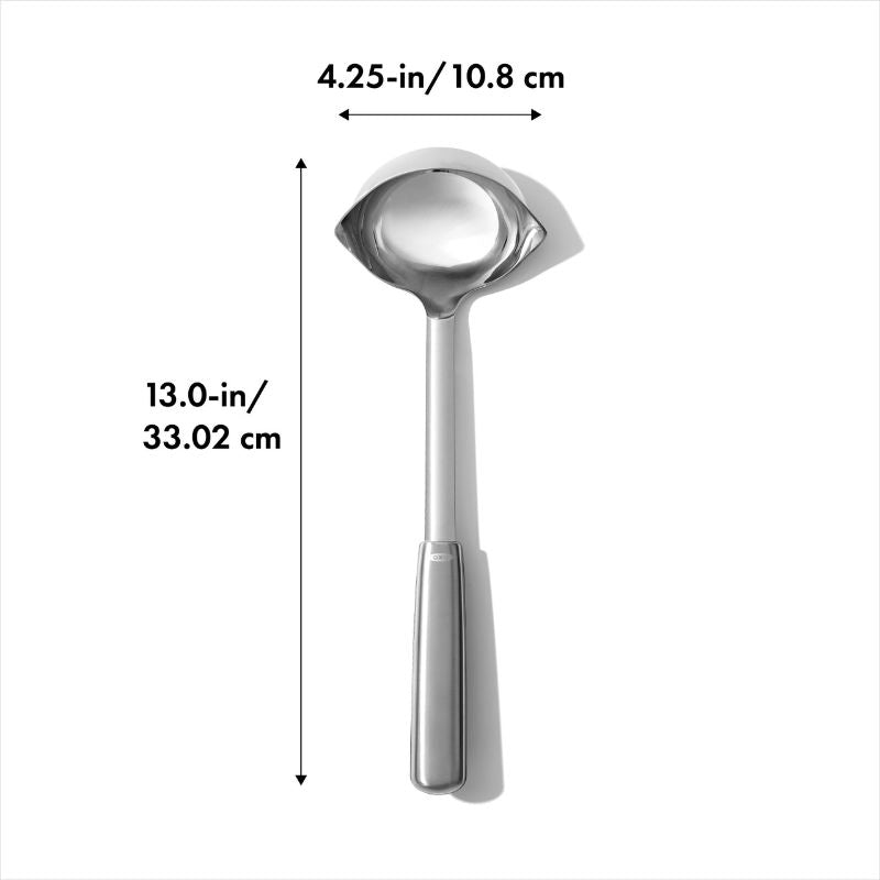 Stainless steel OXO ladle with angled head, dual pour spouts, and non-slip grip for serving soups and stews easily.