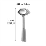 Stainless steel OXO ladle with angled head, dual pour spouts, and non-slip grip for serving soups and stews easily.