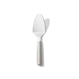 Sleek OXO Steel Pie Server with serrated edges, perfect for cutting and serving pies, cakes, and quiches effortlessly.