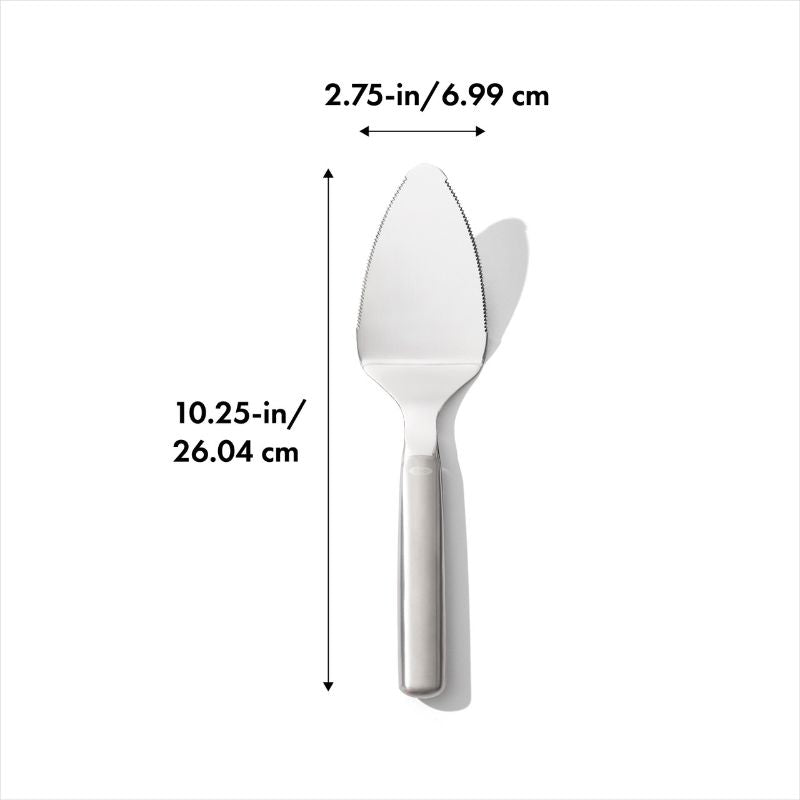 OXO Steel Pie Server with serrated edges, flexible stainless steel head, and comfortable handle for effortless dessert serving.