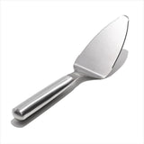 Sleek stainless steel pie server with serrated edges for easy slicing and serving of desserts like pies and cakes.