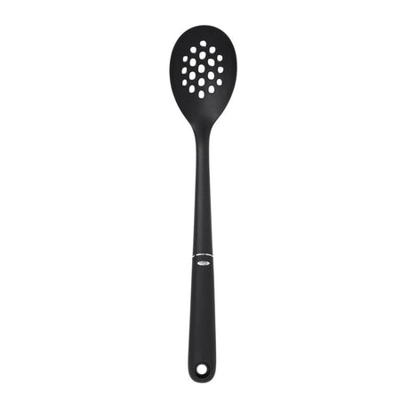 Nylon slotted spoon with oversized head, soft grip, heat-resistant to 400°F, perfect for stirring and straining.