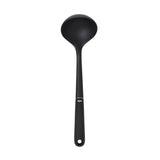 Heat-resistant nylon ladle with oversized head and soft grip, ideal for serving soups and stews without scratching cookware.