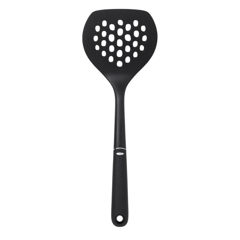 OXO Good Grips Nylon Round Turner with broad head, non-slip grip, and heat resistance, perfect for flipping pancakes and burgers.