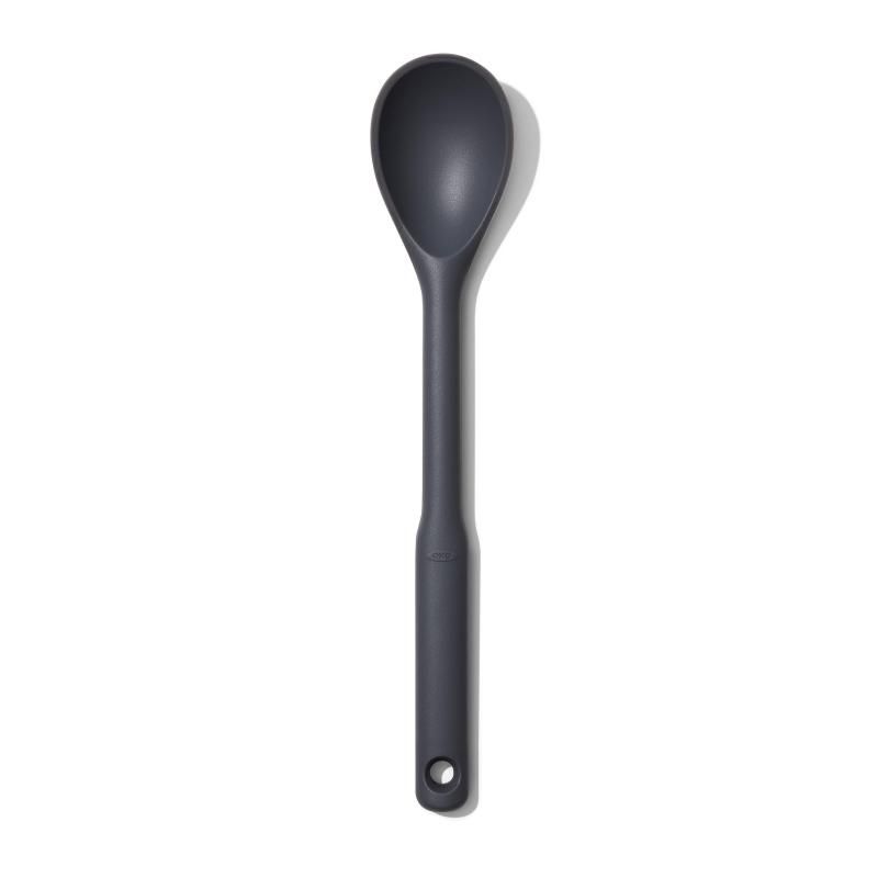 OXO Good Grips Silicone Spoon with non-slip handle, heat-resistant for non-stick cookware, perfect for stirring and serving.