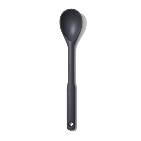 OXO Good Grips Silicone Spoon with non-slip handle, heat-resistant for non-stick cookware, perfect for stirring and serving.