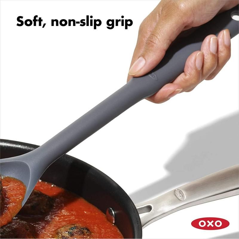 OXO Good Grips Silicone Spoon with soft grip, high heat resistance, perfect for stirring and scraping without scratching cookware.