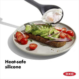 OXO Good Grips Silicone Slotted Spoon designed for straining and serving, featuring heat-resistant silicone and non-slip handle.