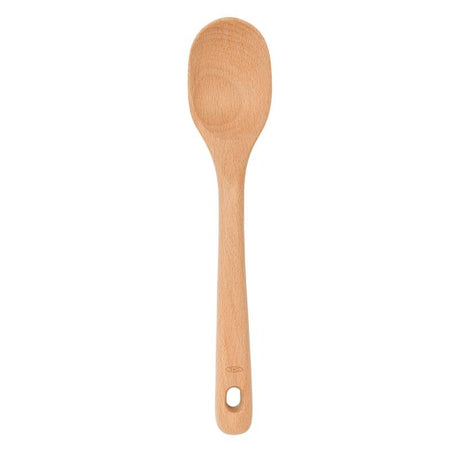 Large OXO Good Grips Wooden Spoon made of solid beech wood, designed for comfort, stirring, and safe use with non-stick cookware.