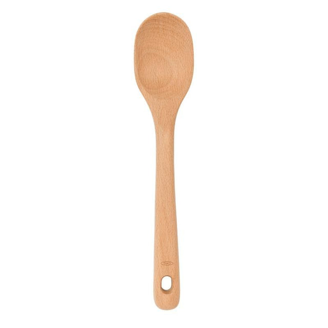 Large OXO Good Grips Wooden Spoon made of solid beech wood, designed for comfort, stirring, and safe use with non-stick cookware.