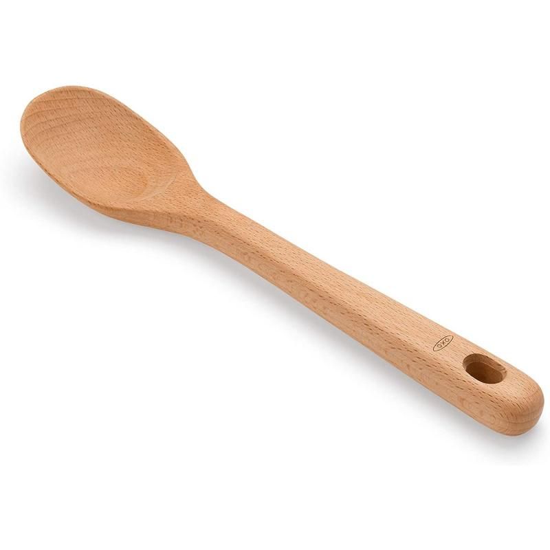 Large OXO Good Grips Wooden Spoon made of solid beech wood, designed for comfort and safe for non-stick cookware.