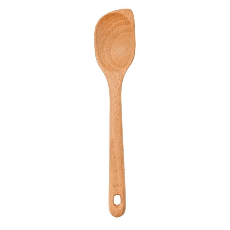 Wooden corner spoon crafted from one-piece beech wood, designed for safe stirring in non-stick cookware with a comfortable grip.