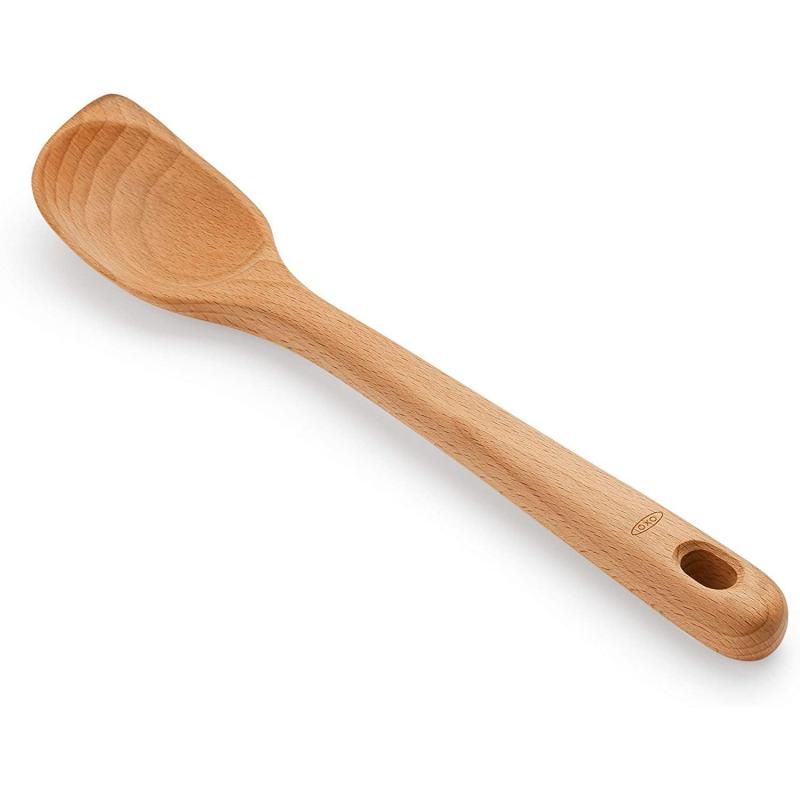 Wooden corner spoon made from solid beech wood, designed for non-stick cookware with a comfortable handle for easy stirring.