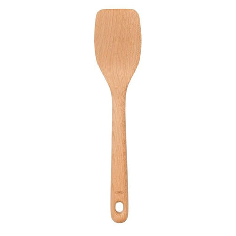 Natural beech wood spatula with straight sides, ideal for flipping and serving, safe for non-stick cookware.