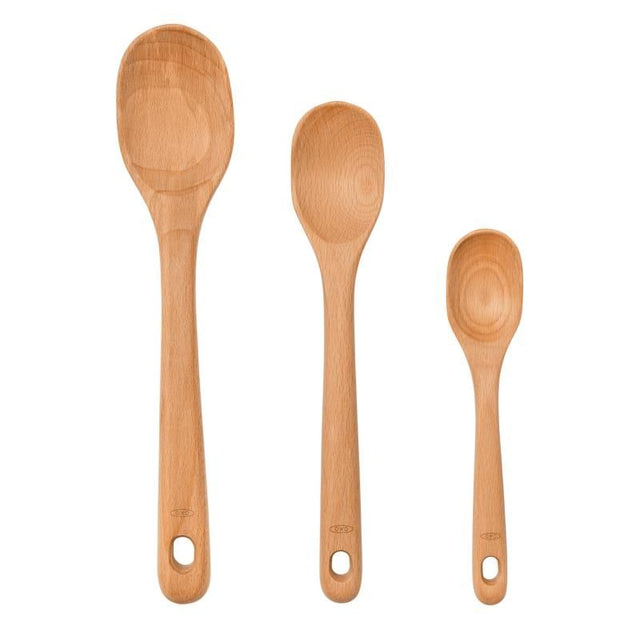 OXO Good Grips Spoon Set featuring three beechwood spoons for versatile cooking and easy handling, perfect for all chefs.