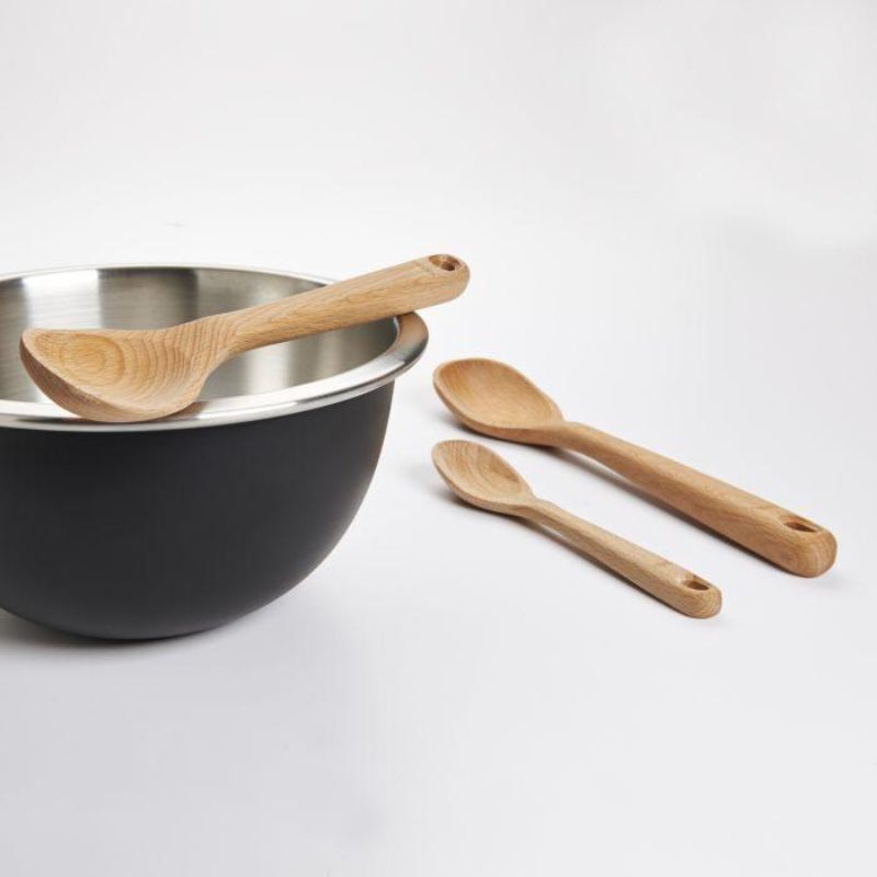 Three high-quality beechwood cooking spoons in various sizes, designed for durability and comfort, perfect for any kitchen task.