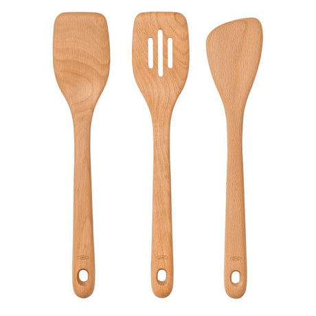 OXO Good Grips 3-Piece Turner Set in beechwood, includes slotted, traditional turners, and sauté paddle for versatile cooking.