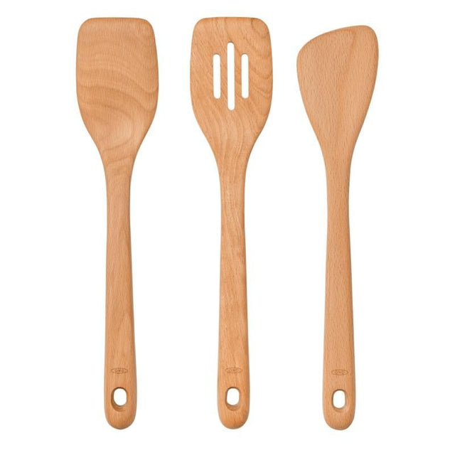 OXO Good Grips 3-Piece Turner Set in beechwood, includes slotted, traditional turners, and sauté paddle for versatile cooking.