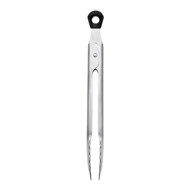 Compact stainless steel tongs with scalloped edges, ideal for serving appetizers and removing food from jars.