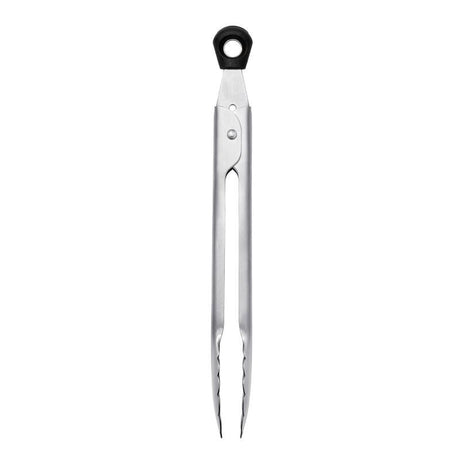 Compact stainless steel tongs with scalloped edges, ideal for serving appetizers and removing food from jars.