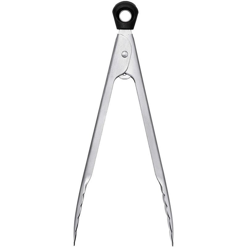 OXO Good Grips Mini Tongs in stainless steel with scalloped edges, ideal for serving appetizers and removing food from jars.