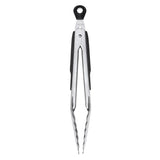 Stainless steel OXO Good Grip Tongs, 23cm, with ergonomic non-slip handles and locking mechanism for versatile kitchen tasks.