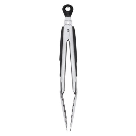 Stainless steel OXO Good Grip Tongs, 23cm, with ergonomic non-slip handles and locking mechanism for versatile kitchen tasks.