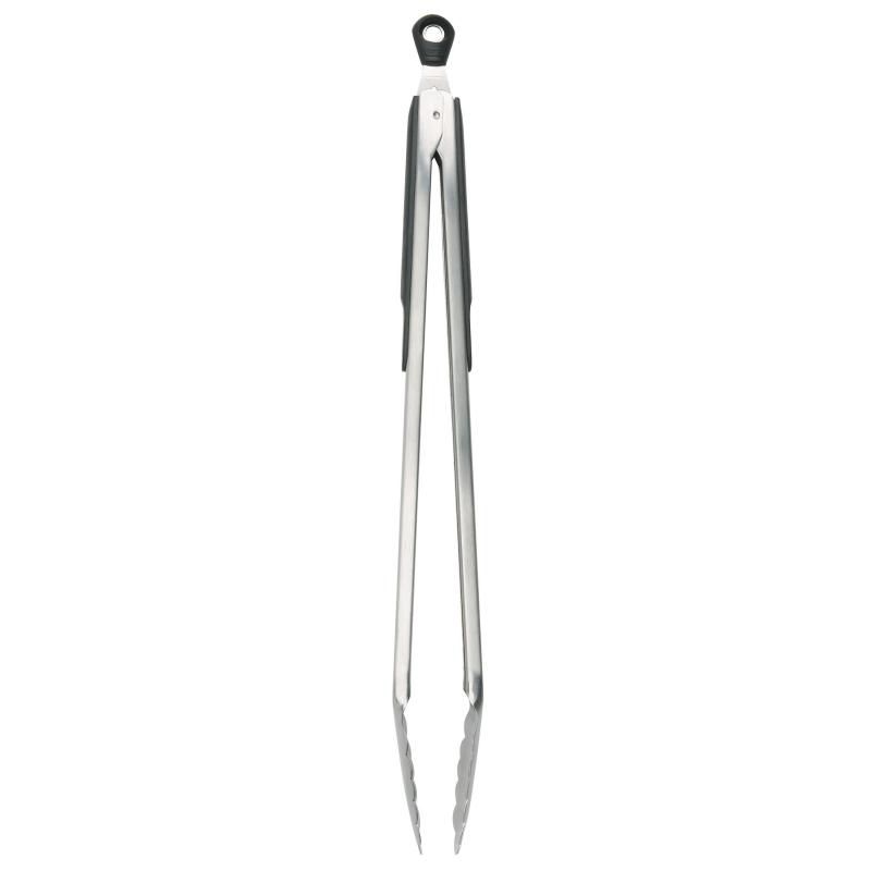 Stainless steel 16-inch OXO Good Grips Tongs with ergonomic non-slip handles and locking feature for versatile cooking.