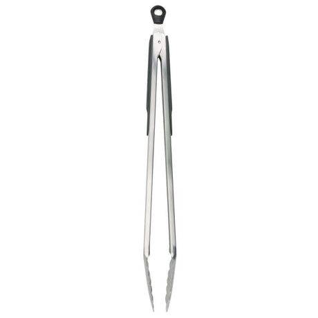 Stainless steel 16-inch OXO Good Grips Tongs with ergonomic non-slip handles and locking feature for versatile cooking.