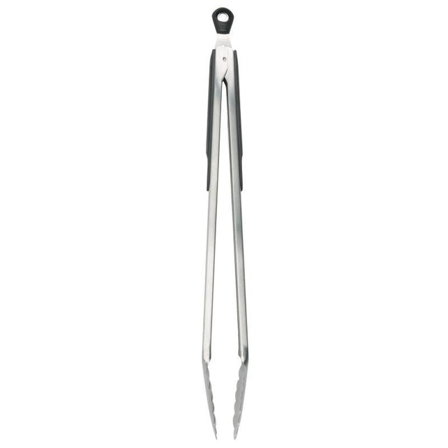 Stainless steel 16-inch OXO Good Grips Tongs with ergonomic non-slip handles and locking feature for versatile cooking.