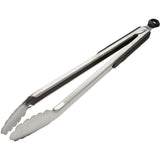 16-inch OXO Good Grips Tongs with stainless steel construction, non-slip handles, and locking feature for easy storage.