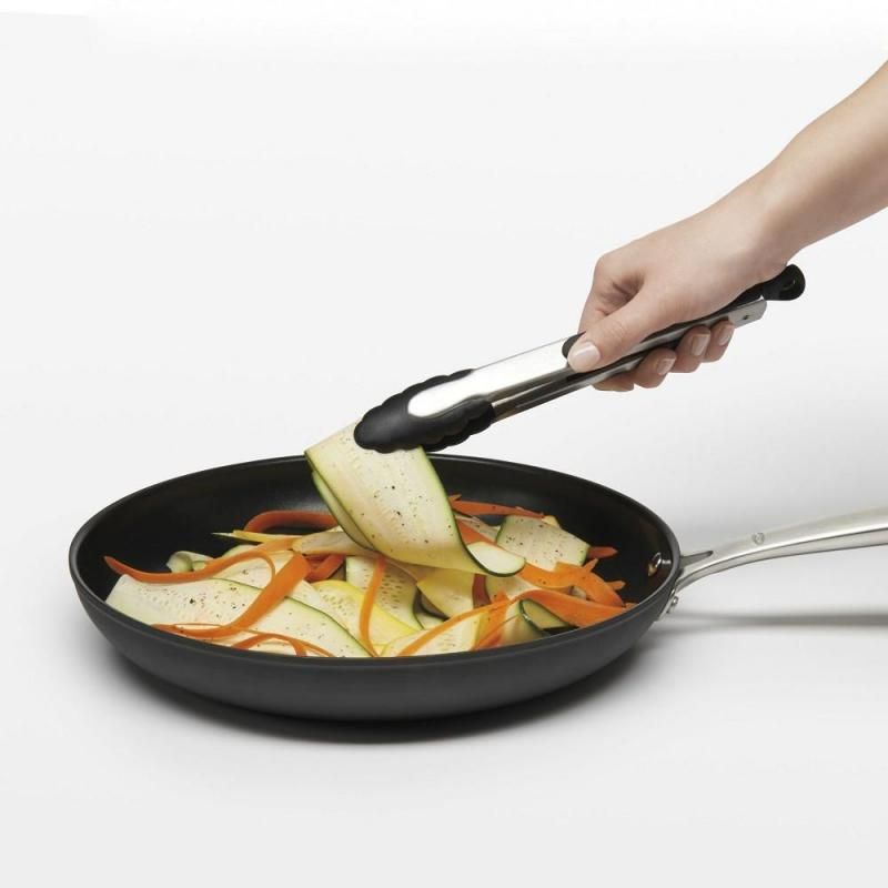 OXO Good Grips Nylon Lock Tongs in brushed stainless steel with non-slip handles, 23cm long, ideal for non-stick cookware.