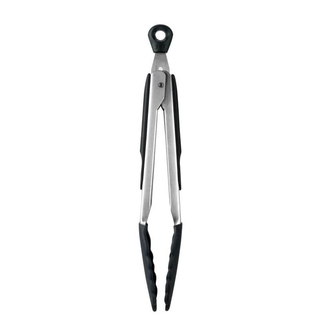 OXO Good Grips 9-inch silicone tongs with a heat-resistant head, non-slip handle, and sturdy stainless steel design.