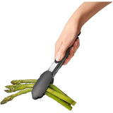 9-inch OXO Good Grips Tongs with silicone head, heat-resistant, non-stick safe, durable stainless steel, and comfortable grip.