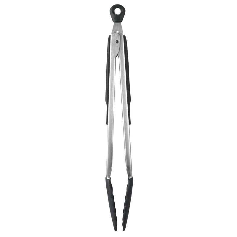 12-inch OXO Good Grips Tongs with heat-resistant silicone head, stainless steel construction, and non-slip grip for comfort.