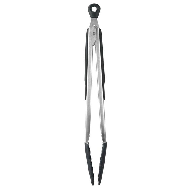 12-inch OXO Good Grips Tongs with heat-resistant silicone head, stainless steel construction, and non-slip grip for comfort.