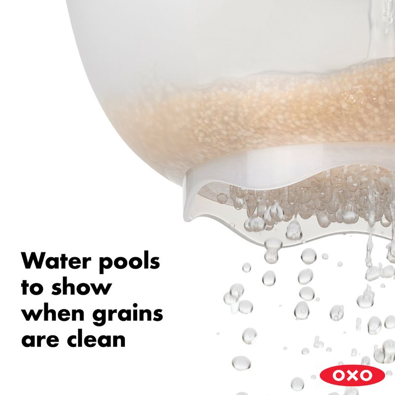 OXO Rice & Grain Washing Colander with unique holes for draining, non-slip handles, and perfect for washing small grains and berries.