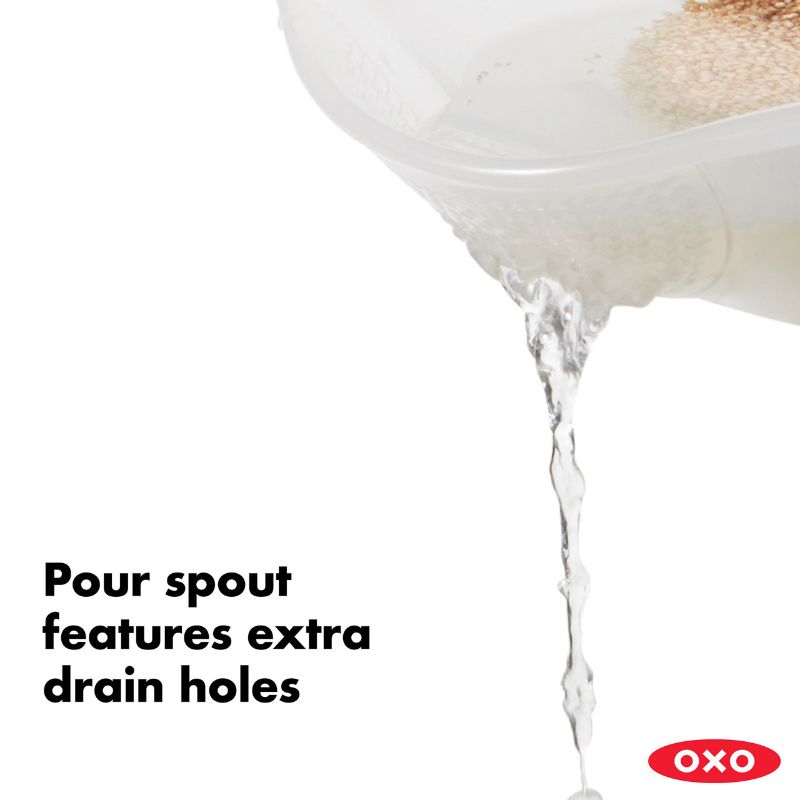 OXO Rice & Grain Washing Colander with unique holes, pour spout, and non-slip handles for efficient washing of grains and berries.