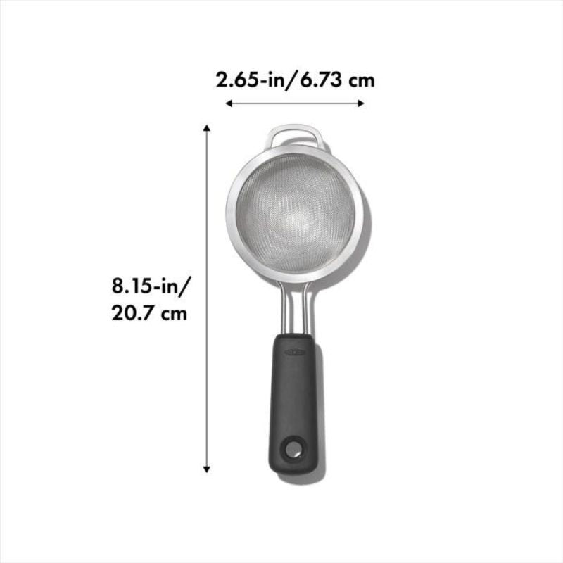 OXO Good Grips Mini Strainer with fine mesh, stainless steel, and non-slip grip, ideal for straining juices and teas.