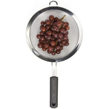 OXO Good Grips Strainer with fine mesh, stainless steel construction, and soft handle for easy rinsing and straining.