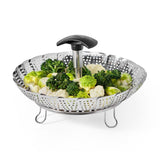 OXO Stainless Steel Steamer with extendable handle for safe food retrieval, fits pots 20cm+, and is dishwasher safe.