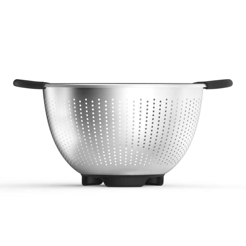 Stainless steel colander with elevated handles, perfect for straining pasta and rinsing vegetables, offering durability and stability.