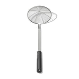 OXO Good Grips Scoop & Strain Skimmer with deep basket and long handle for safe straining of delicate foods.