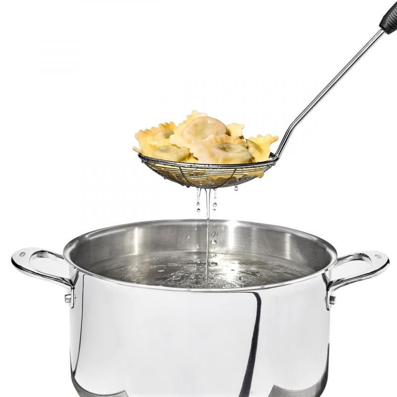 OXO Good Grips Scoop & Strain Skimmer with a deep basket and angled handle for safe scooping and straining of foods.