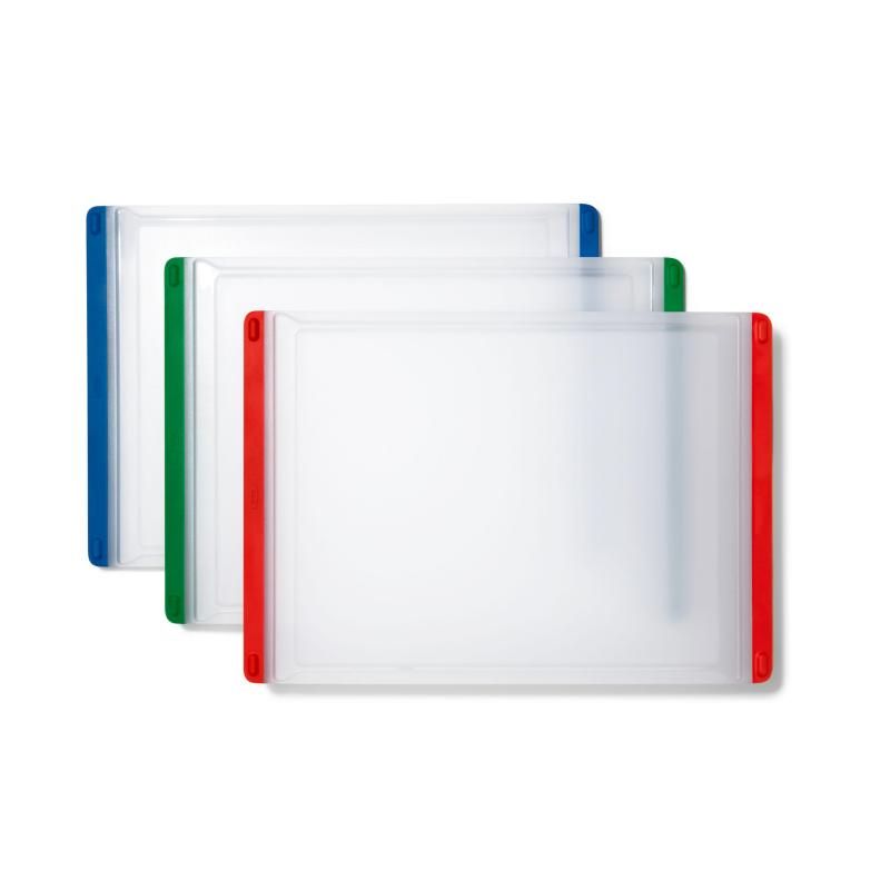 OXO Good Grip 3-Piece Cutting Board Set with color-coded boards, drip catcher, and non-slip edges for safe meal prep.