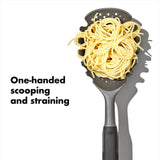 OXO Good Grips Pasta Scoop Strainer with ergonomic handle for easy one-handed scooping and straining of pasta and more.