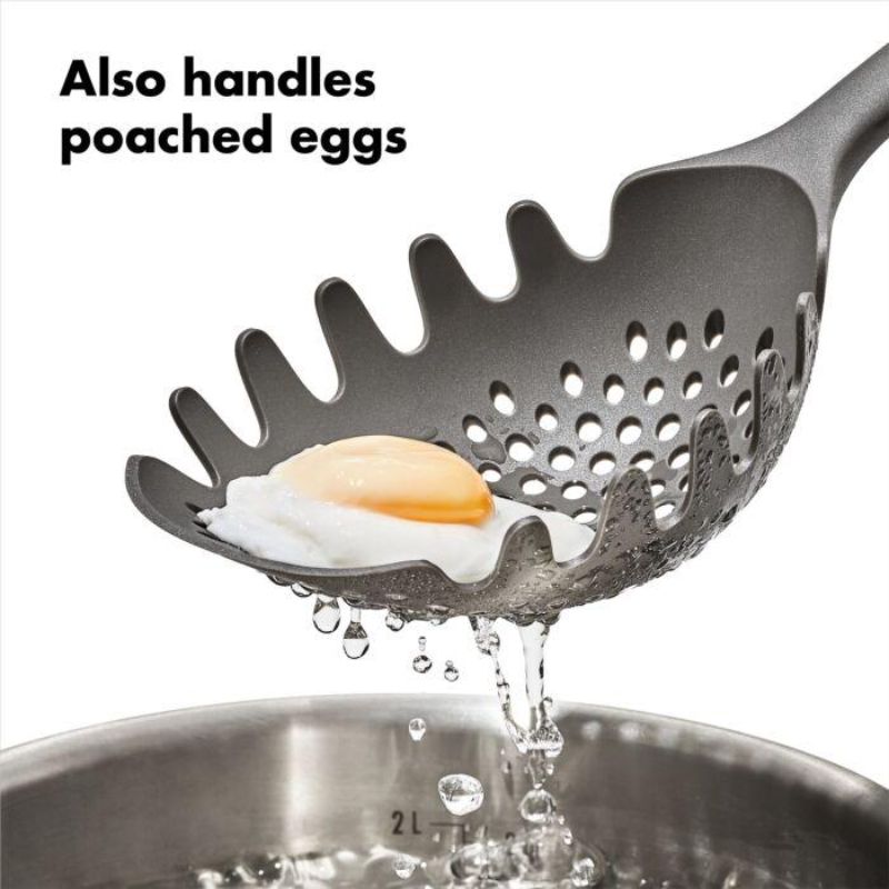 OXO Good Grips Pasta Scoop Strainer with ergonomic handle, perfect for scooping and straining pasta, veggies, and eggs.