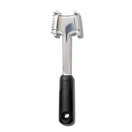 Die-cast aluminum meat tenderizer with ergonomic grip, pyramid teeth for tough cuts, and smooth side for even flattening.