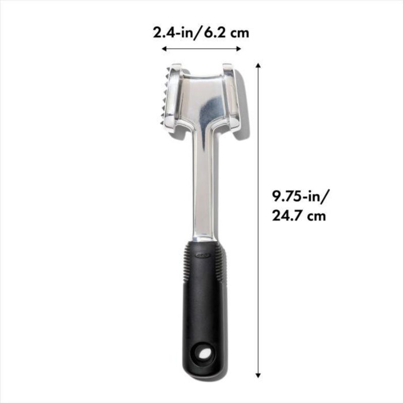 OXO Good Grips Die Cast Meat Tenderizer with ergonomic handle, pyramid teeth for tenderizing, and smooth side for flattening meat.