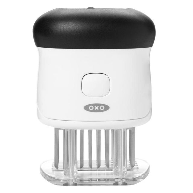 OXO Good Grips Bladed Meat Tenderizer with 50 stainless steel blades for tender meat and quick marinade absorption.